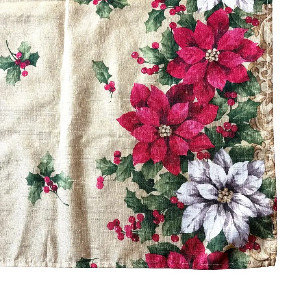 Christmas Tablecloth golden with red poinsettias border print buffet sized cloth